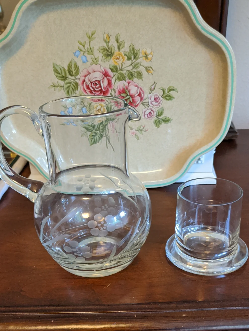 Vintage Floral Etched Glass Water Pitcher With Lid 7 Inches Tall